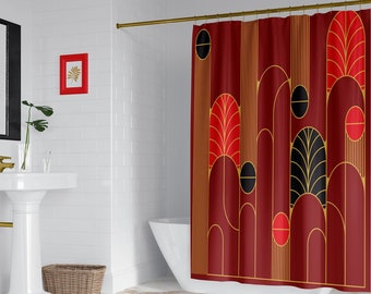 Minimalist red Art Deco shower curtain set, Matching geometric bath mat