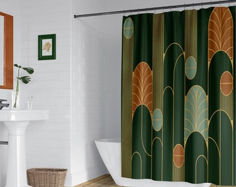 Forest green minimalist Art Deco shower curtain set, Matching geometric bath mat