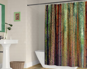 Green and brown striped shower curtain, Watercolor trees in the forest with optional bathmat. Exclusively here now!