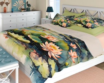 Watercolor lotus flowers duvet cover or quilted comforter. Twin, Queen or King Asian floral bedding set with pillow shams