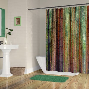 Green and brown striped shower curtain, Watercolor trees in the forest with optional bathmat. Exclusively here now!