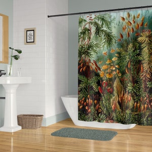 Botanical shower curtain set, Art Nouveau forest plants and trees, Optional bathmat