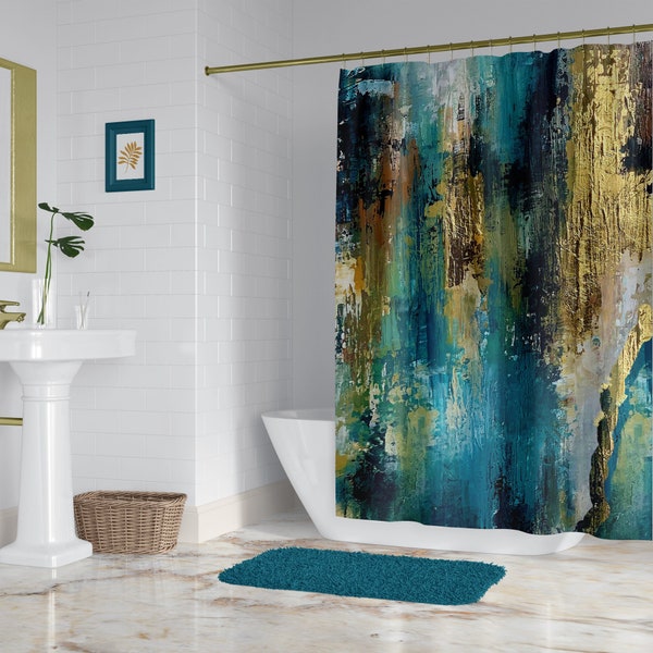 Watercolor abstract modern art shower curtain set in teal, aqua and yellow gold, Matching bath mat optional