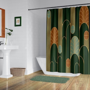 Forest green minimalist Art Deco shower curtain, Matching geometric bath mat optional