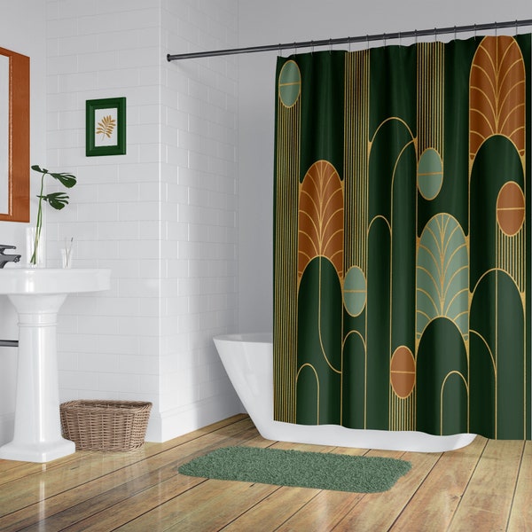 Forest green minimalist Art Deco shower curtain set, Matching geometric bath mat