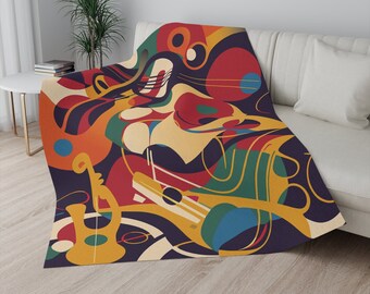 Jazz music fleece blanket, Colorful modern abstract art musical instruments throw blanket, Old school musician gift for couch, chair or bed.
