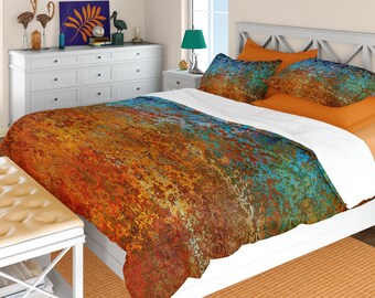 Burnt orange and blue abstract duvet cover or quilted comforter, Modern rustic bedding set Twin, Queen or King with optional pillow shams
