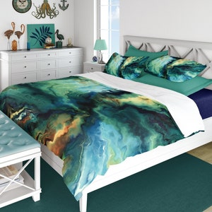 Modern abstract art duvet cover or quilted comforter, Navy blue, teal and turquoise bedding with optional pillow shams, Twin, Queen King