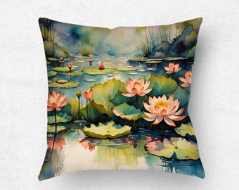 Pink lotus flowers pillow, Floral cushion cover, 14 x 14 to 20 x 20 inches Indoor or outdoor throw pillow, Asian decor home staging ideas.