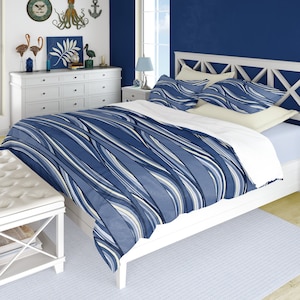Blue wavy stripes duvet cover or quilted comforter. Twin, Queen or King ocean waves bedding set with pillow shams optional