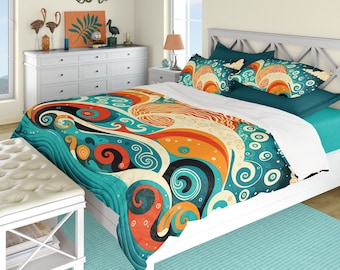Teal Ocean Waves Duvet Cover: Nautical Folk Art Comforter, Optional Shams