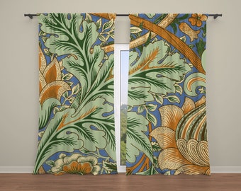 William Morris floral curtains, Art Nouveau Vintage style, Bold retro multi color rod pocket drapery panels 50 x 84 and 50 x 96