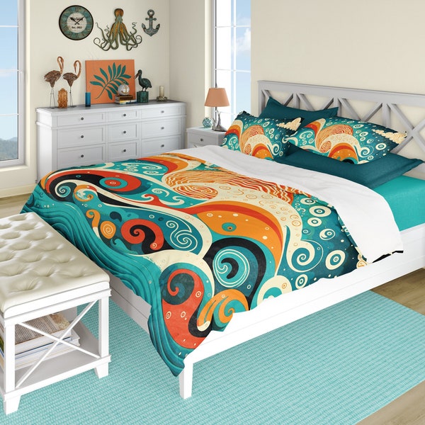 Swirling ocean waves teal and burnt orange nautical folk art duvet cover set or maritime comforter and pillow shams in Twin, Queen or King.