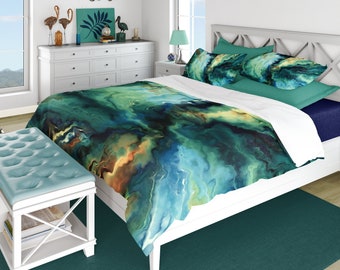 Modern art abstract duvet cover or bed comforter, Navy blue, teal and turquoise bedding set and pillow shams, Twin, Queen King