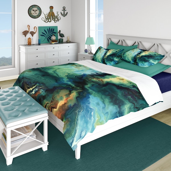 Modern art abstract duvet cover or bed comforter, Navy blue, teal and turquoise bedding set and pillow shams, Twin, Queen King