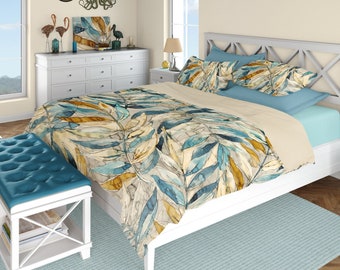 Watercolor Leaves Comforter: Abstract Blue Brown Leaf Duvet Cover
