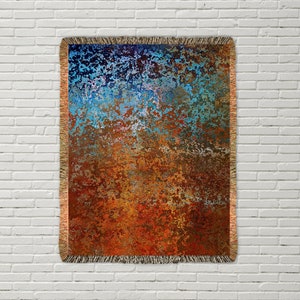 Burnt orange and blue abstract art blanket, 100% cotton woven fringed throw blanket in 3 sizes, Real estate home staging ideas.