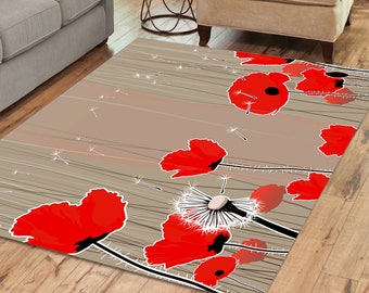 Red poppy rug, Indoor or outdoor floral area rug, 3x2 to 5x7 feet. 5ft Round, Hallway runner