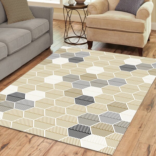 Neutral hexagon pattern area rug. Indoor or Outdoor geometric rug, 2x3 to 8x10, Honeycomb hallway runner or Modern 5ft Round Rug,