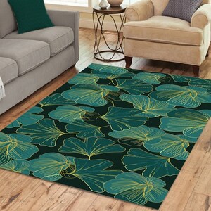 Abstract green floral rug, Bold pattern ginkgo leaves and hibiscus flowers, Indoor or outdoor rectangular area rug 2x3 - 8x10, 5ft Round rug