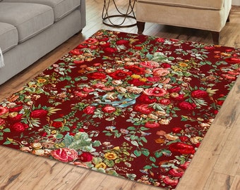 Red floral rug, Victorian style, Retro chintz flower pattern, Indoor or outdoor rectangular area rug 2x3 - 5x7 and 5ft Round rug