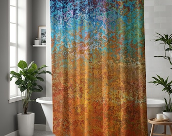 Southwestern colors shower curtain, Abstract art in turquoise, navy and burnt orange. Optional bathmat