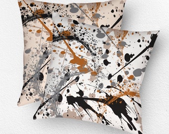 Paint splatter pillow in neutral colors, modern abstract art throw pillow. Indoor or outdoor artsy cushions, Matching home staging ideas