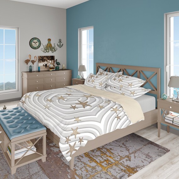 Wave Pattern Bedding Set Nautical Duvet Cover Starfish Etsy