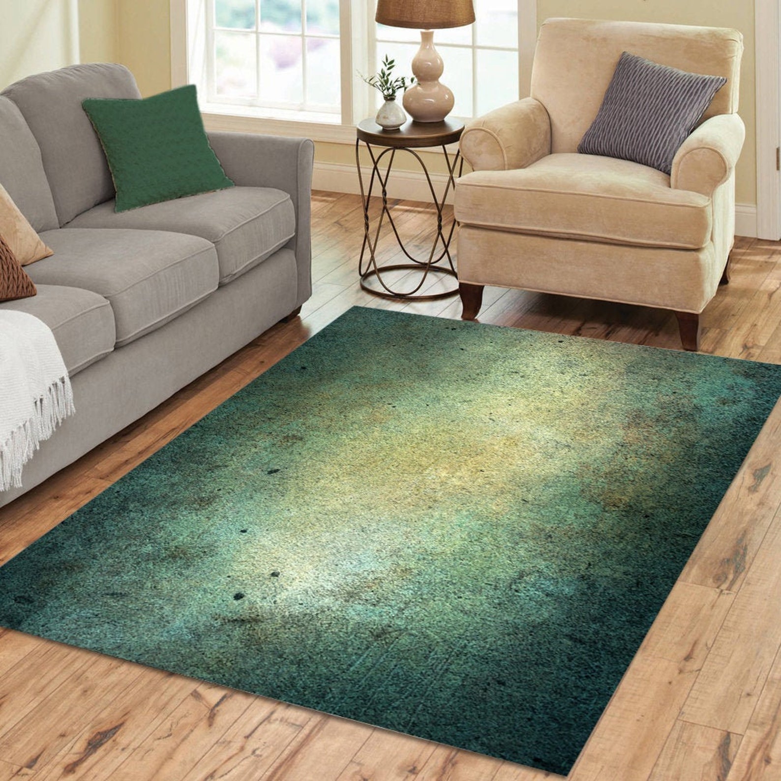 Faded look green rug Watercolor distressed style 2x3 to 5x7 Etsy
