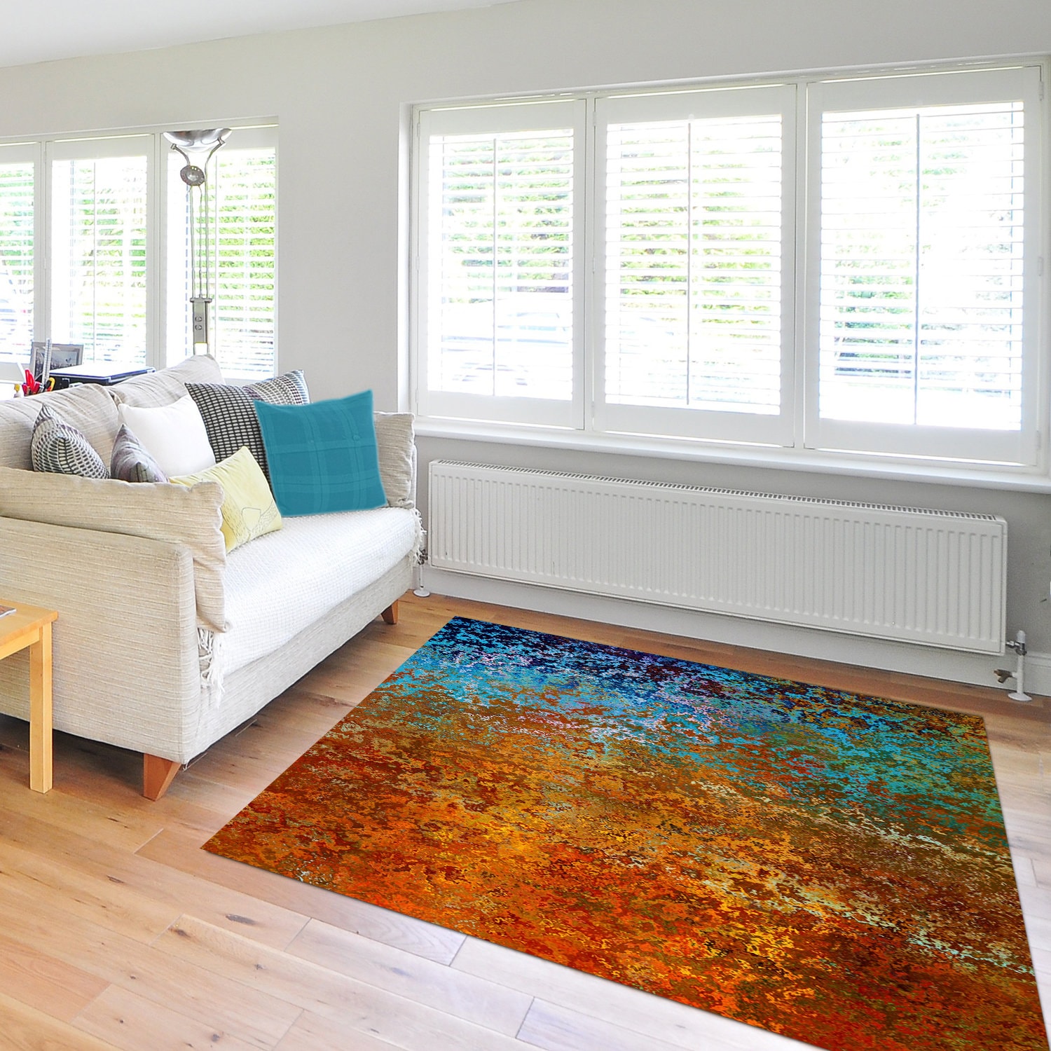 Abstract Southwestern Rug, Burnt Orange and Turquoise Indoor Outdoor ...