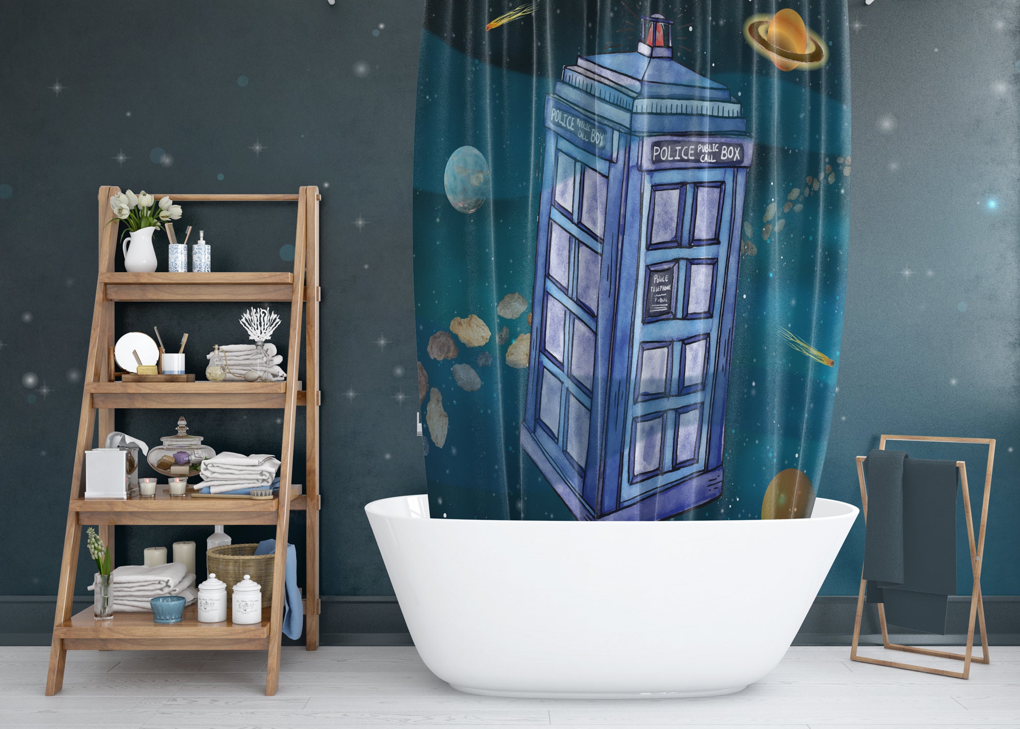 Doctor Who shower curtain The Tardis in space Police call Etsy