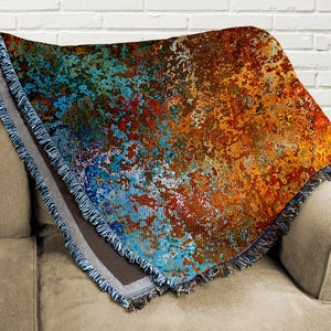 Burnt orange and blue abstract art blanket, 100% cotton woven fringed throw blanket in 3 sizes, Real estate home staging ideas. image 3