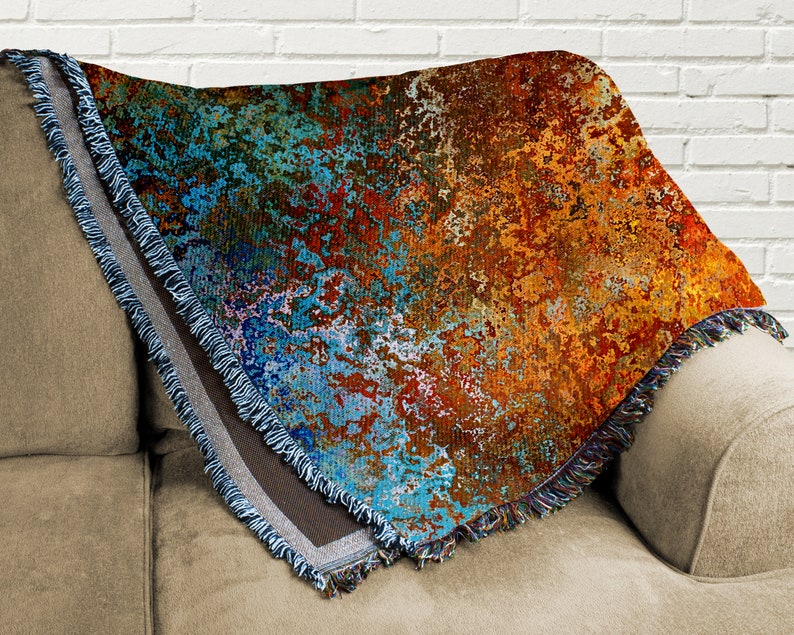 Burnt orange and blue abstract art blanket, 100% cotton woven fringed throw blanket in 3 sizes, Real estate home staging ideas. image 3