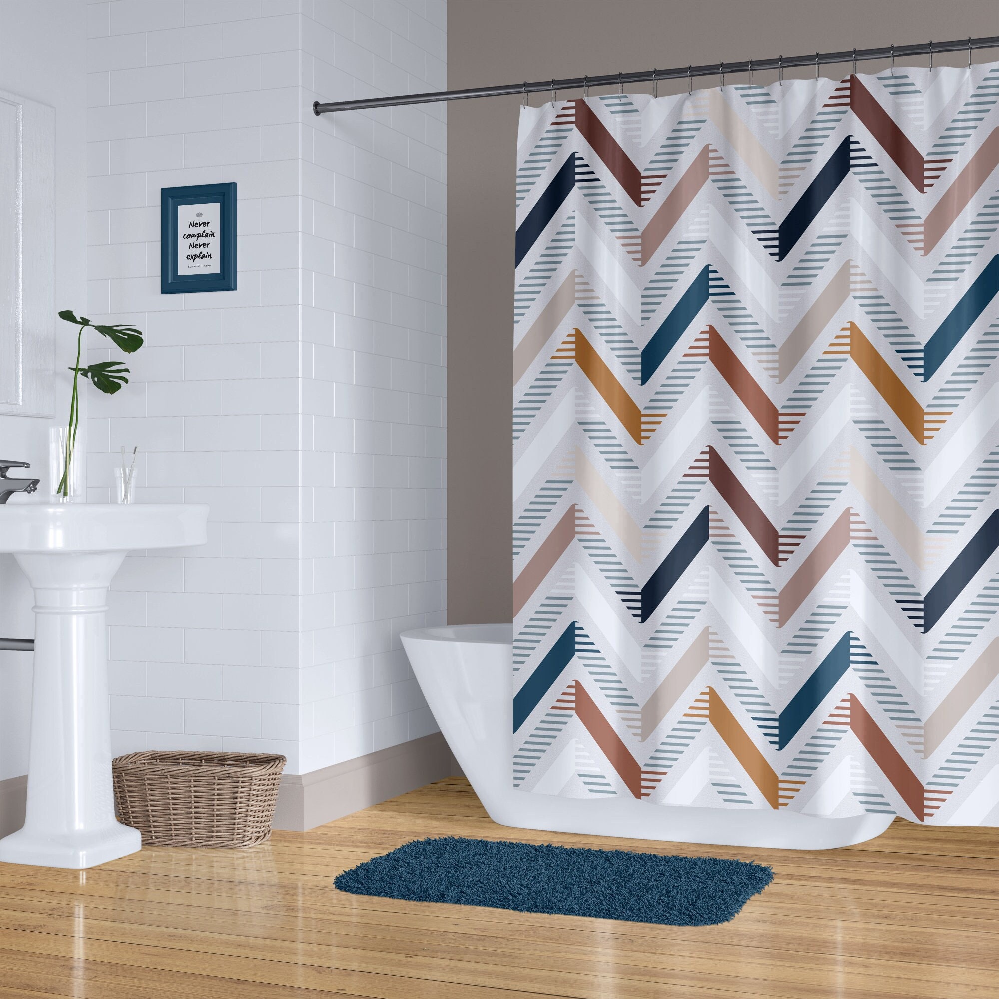 Blue and white cheap chevron shower curtain
