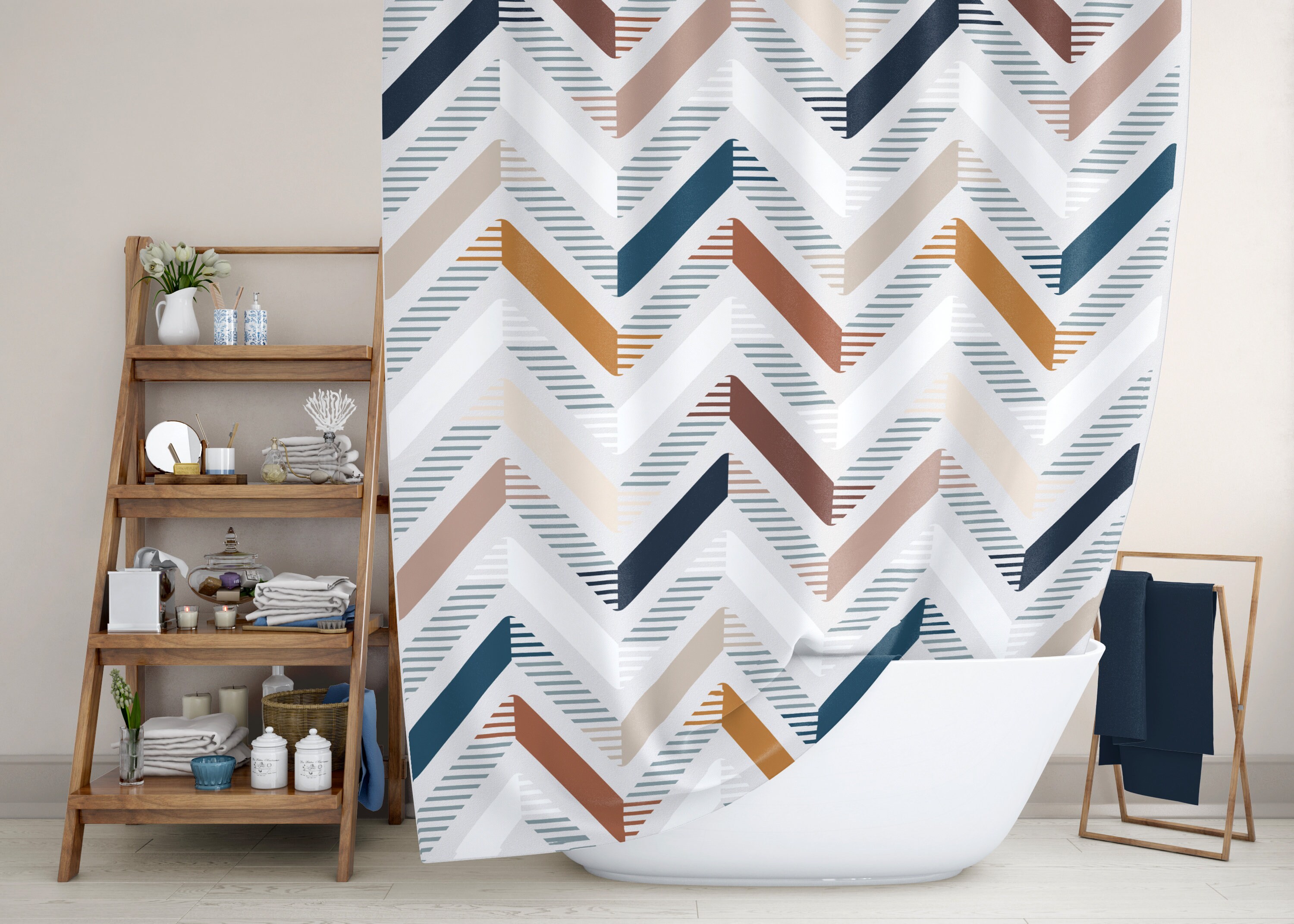 Chevron shower curtain set Blue and brown abstract geometric Etsy