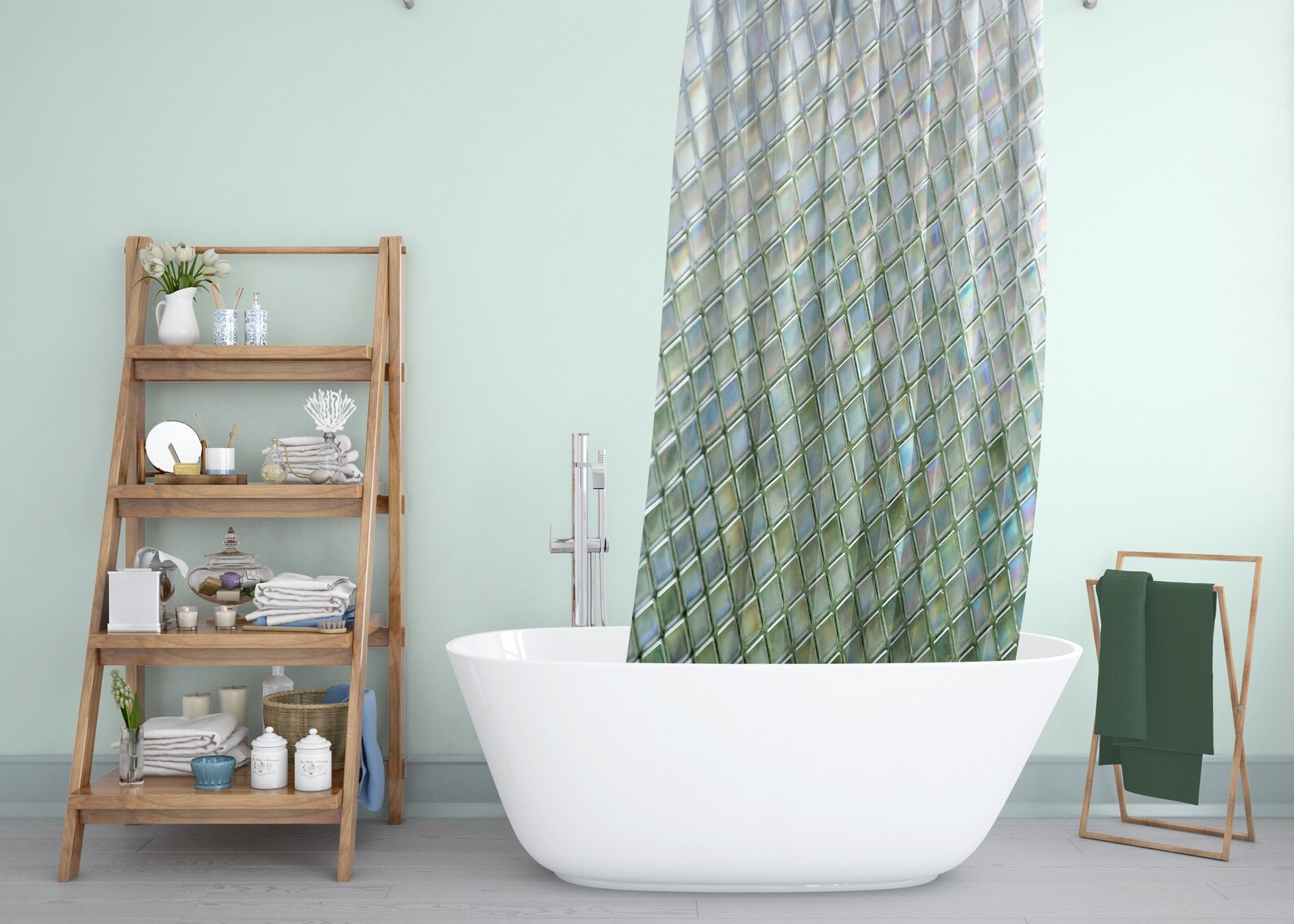 Green Ombré Mosaic Tile Shower Curtain, Minimalist Diagonal Pattern