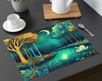 Fantasy forest fabric table linens, Watercolor moonlit woodland trees with swan on a river fairytale, Placemat sets and matching napkin sets