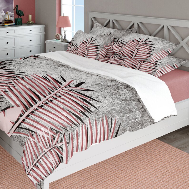 Dusty Rose And Gray Tropical Comforter Duvet Cover Set Etsy