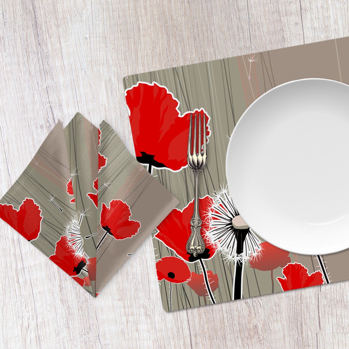 Red and Gray Poppy Placemat and Napkin Etsy