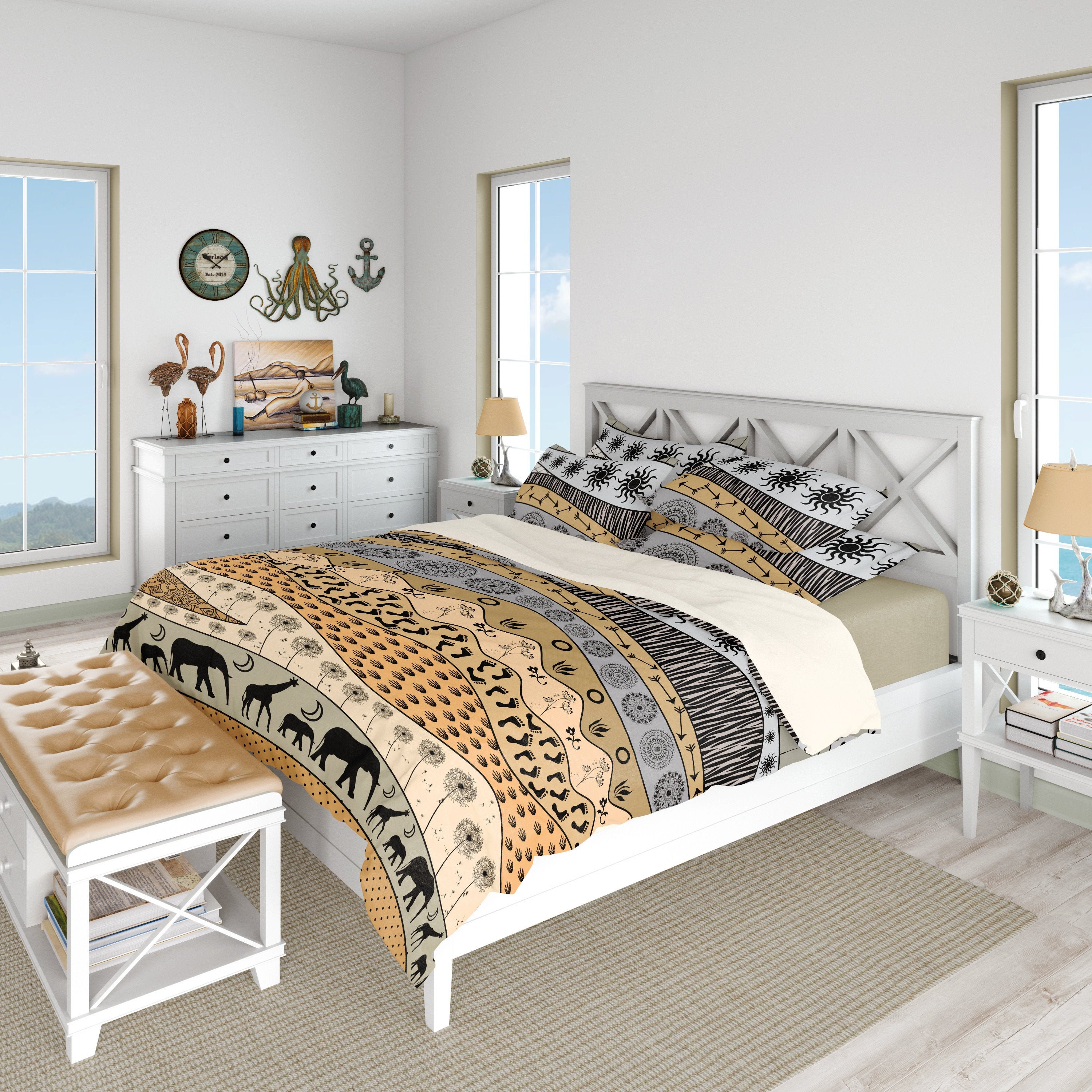 Neutral African Art Duvet Cover or Comforter: Elephant & Giraffe Bedding