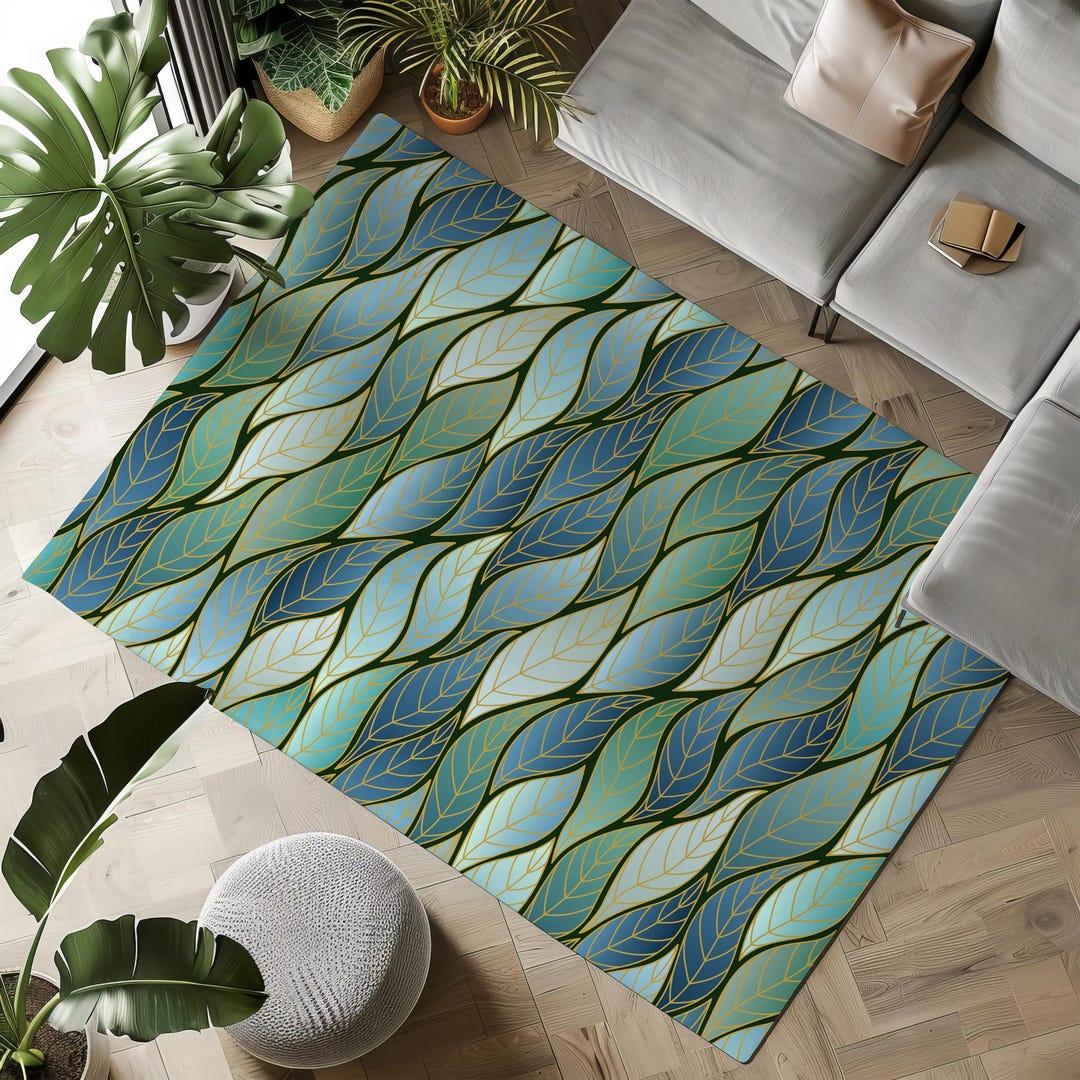 Blue Green Ombre Leaves Rug, Indoor Outdoor 3x2 to 7x5, Modern Tropical ...