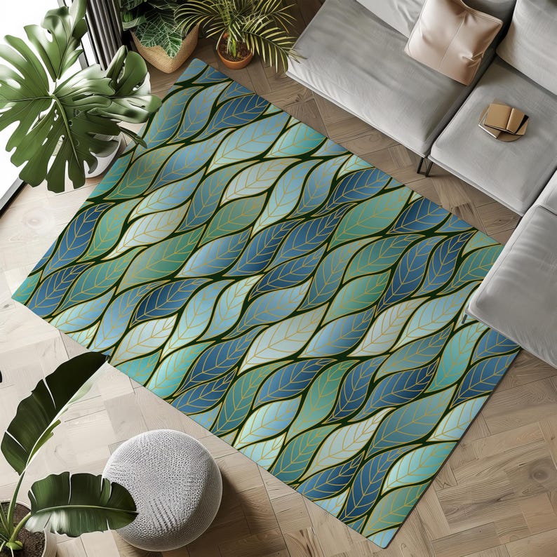 Blue Green Ombre Leaves Rug, Indoor Outdoor 3x2 to 7x5, Modern Tropical ...