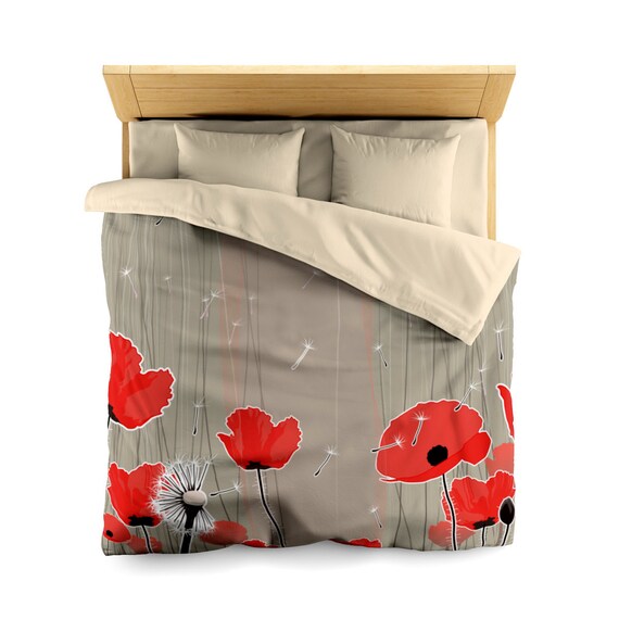 Red And Taupe Poppy Duvet Cover Or Comforter Bedding Set Pillow Shams Optional