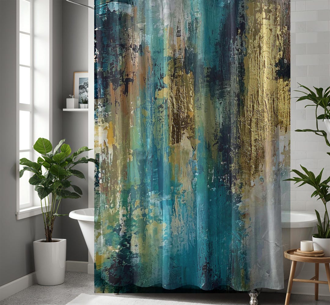Abstract Modern Art Shower Curtain Set in Teal, Aqua and Yellow Gold ...