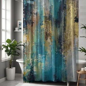 May include: Abstract shower curtain with a blue, green, and gold color scheme. The design features a variety of brushstrokes and textures.