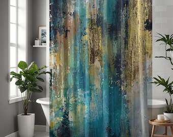 Peut inclure: Rideau de douche abstrait avec un motif bleu, vert et or. Le design présente une variété de coups de pinceau et de textures.