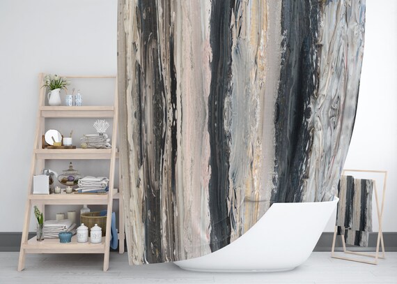 Neutral Modern Striped Shower Curtain Set Gray Brown Pink Etsy