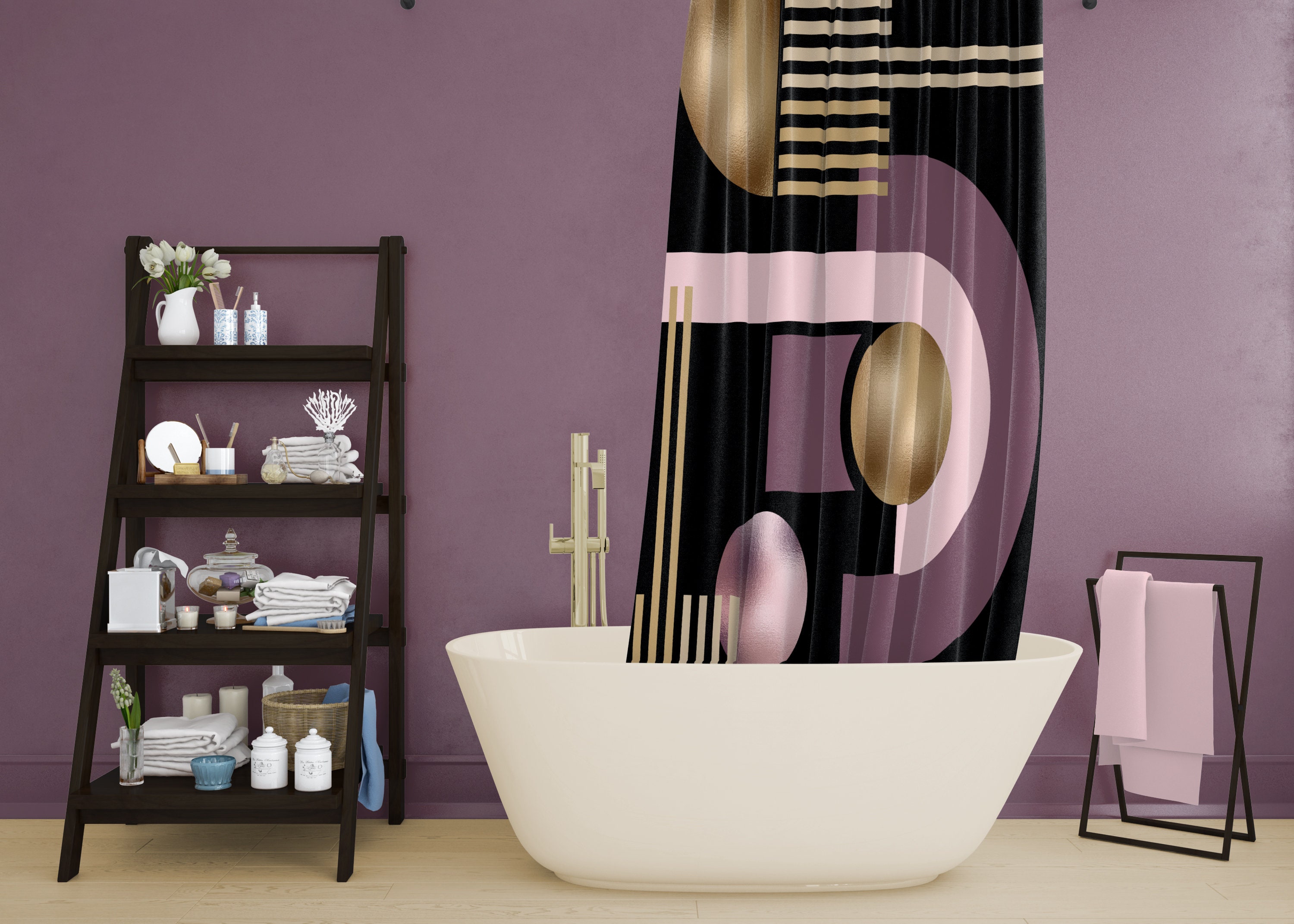 Art Deco shower curtain set Black and gold geometric design. Etsy