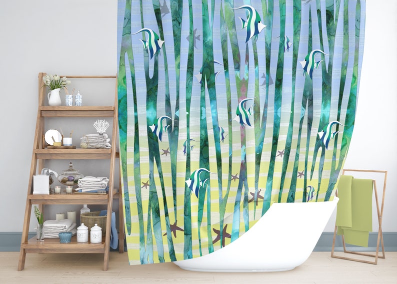 Tropical Fish Shower Curtain Angelfish And Starfish Design Etsy