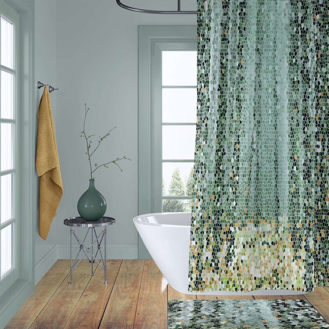 Green trees mosaic tile shower curtain set. Exclusively here Etsy